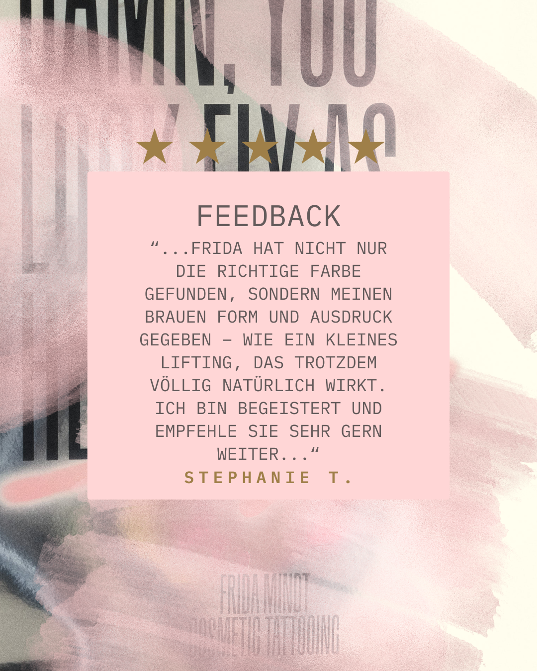 Kundenstimme von Stephanie v. T. über Microblading bei Frida Mindt Cosmetic Tattooing Hamburg.
Natürliches Lifting-Ergebnis mit präziser Farbauswahl.