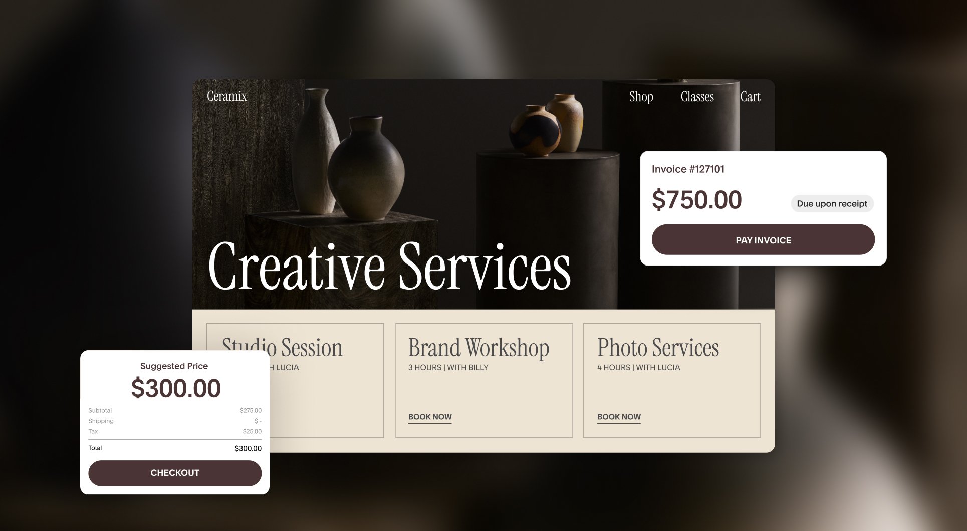 Screenshot of a Pay Link with a suggested price of $300 and an invoice for $750 due upon receipt, over a service page that lists three services you can book: a studio session, a brand workshop and photo services.